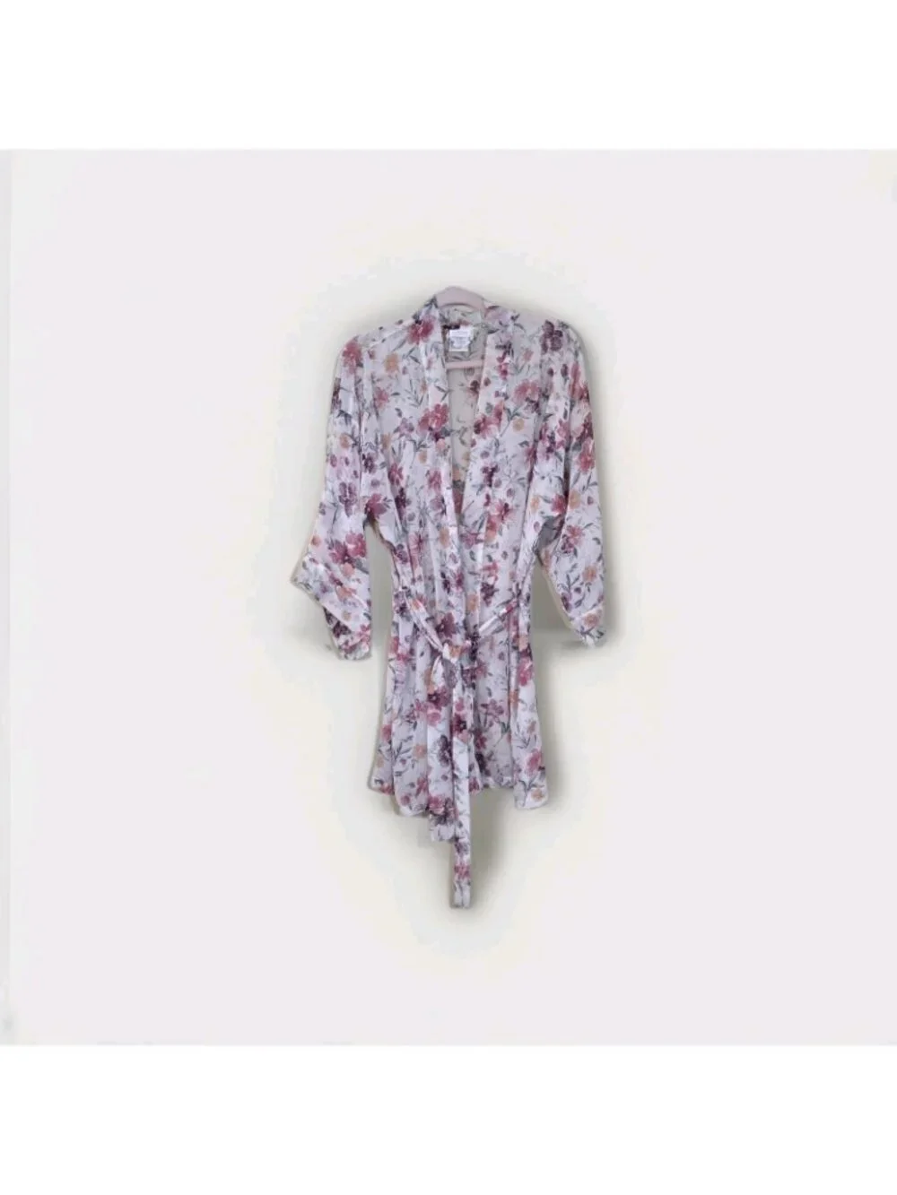 Vtg La Senza Short Kimono Robe S/M Sheer Chiffon Floral Watercolor Belt Coquette